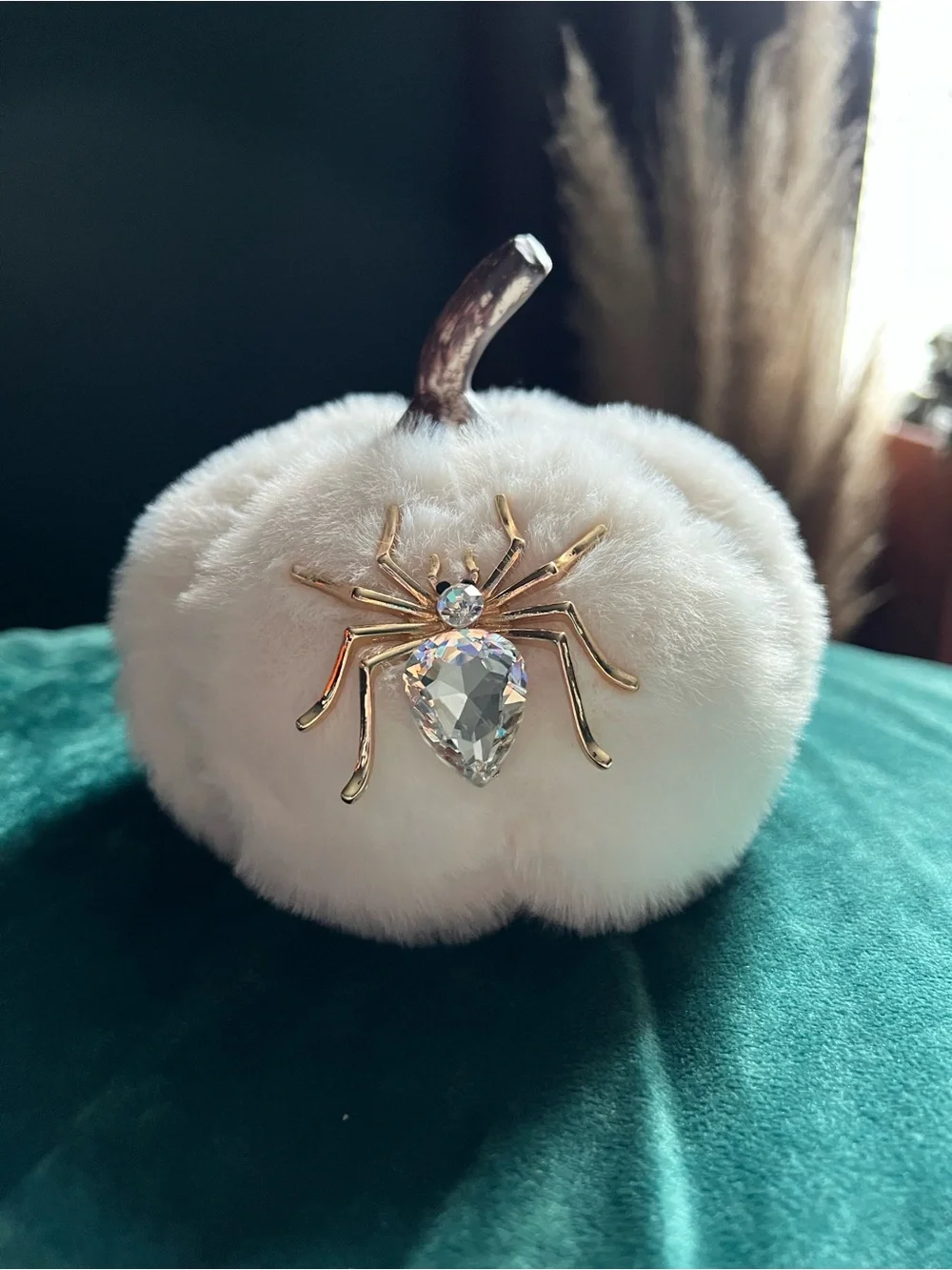 Faux Fur Pumpkin w/ Jeweled Spider